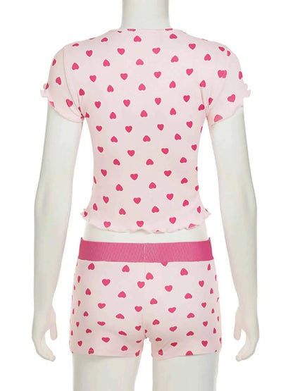 Heart Print Top and Shorts Loungewear Set