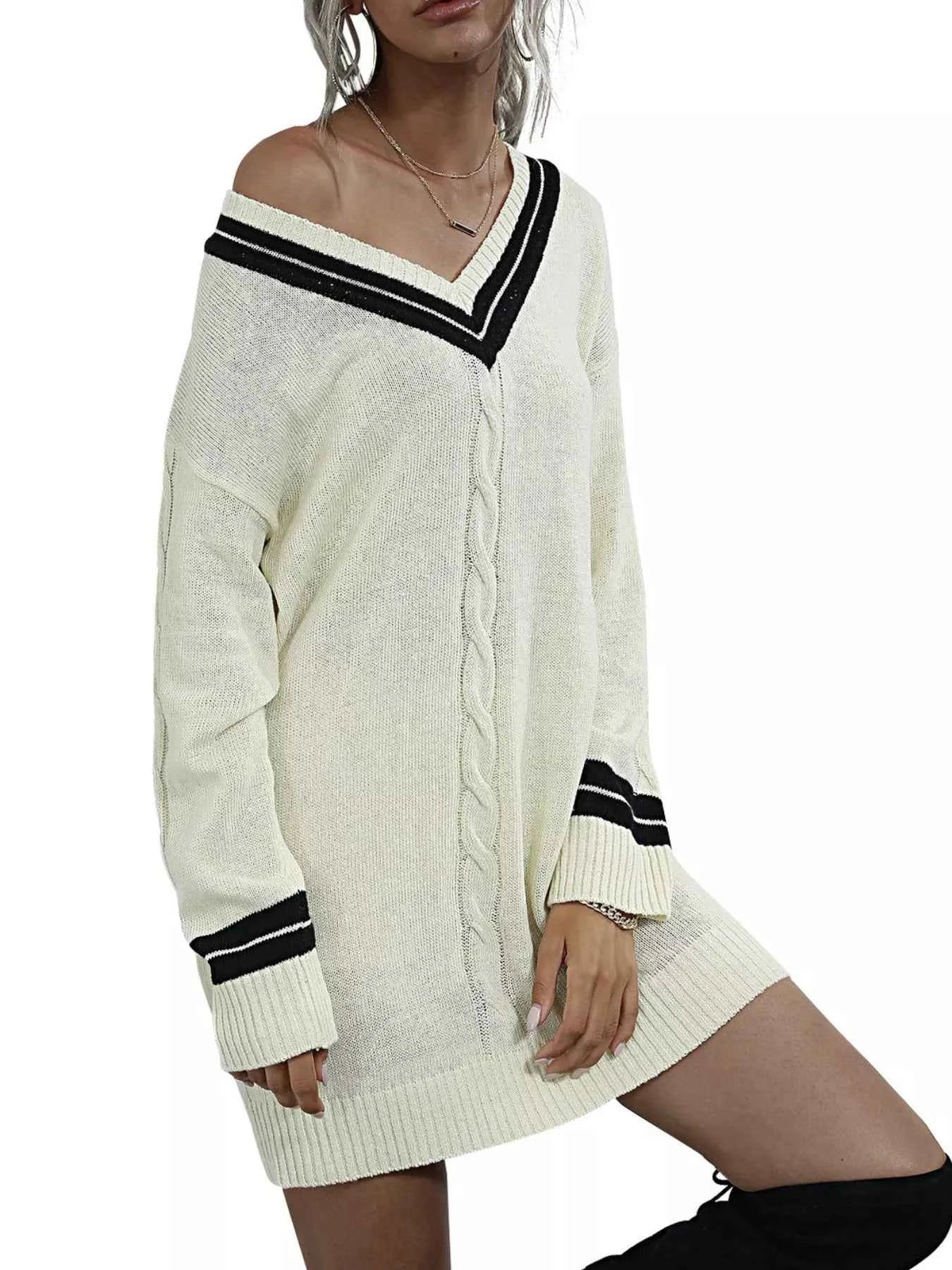 V-Neck Striped Trim Cable Knit Sweater Dress