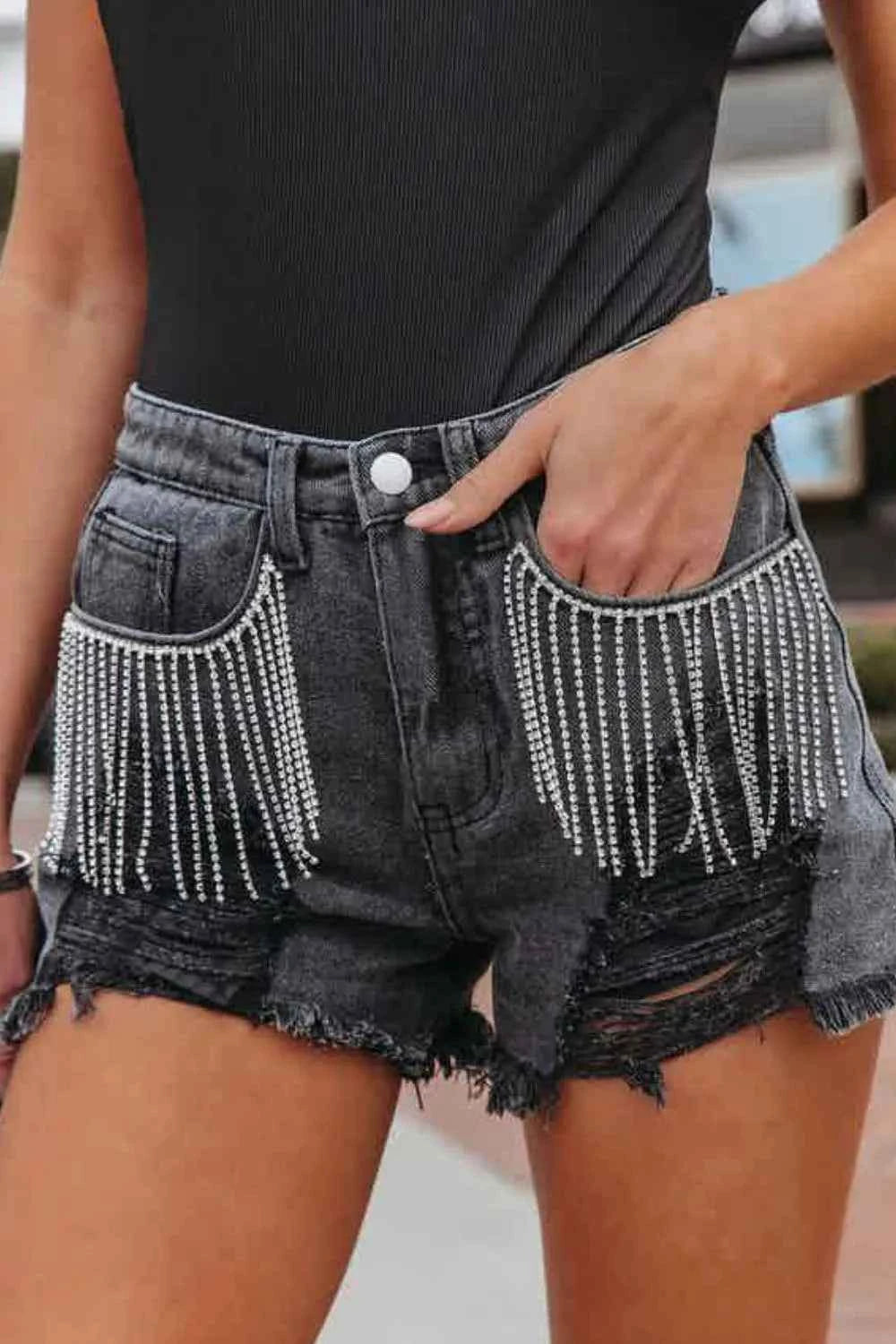 Rhinestone Fringe Distressed Denim Shorts