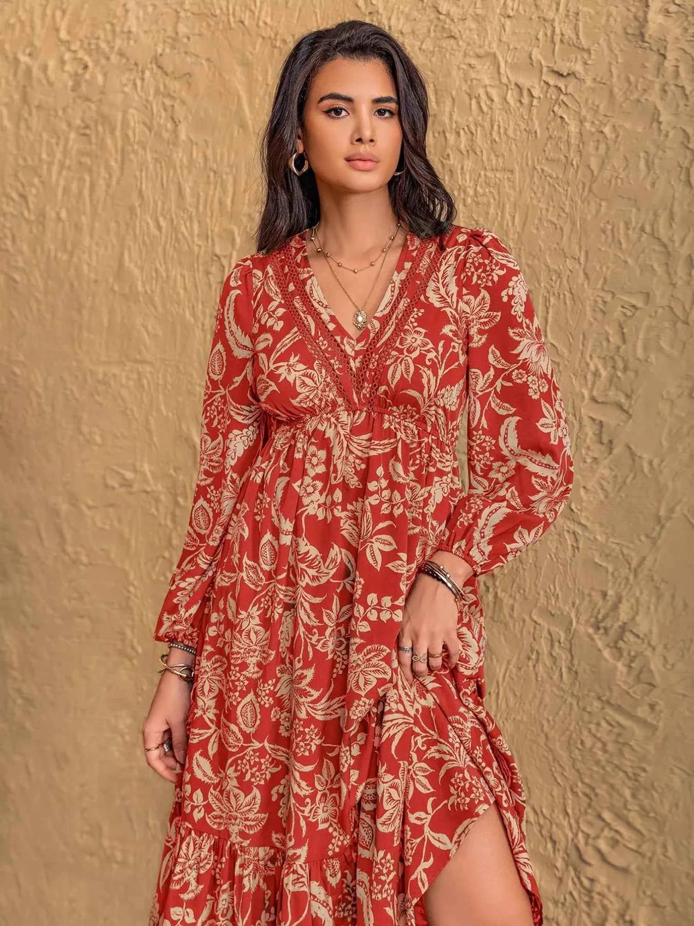 Boho Floral Print Long Sleeve Midi Dress