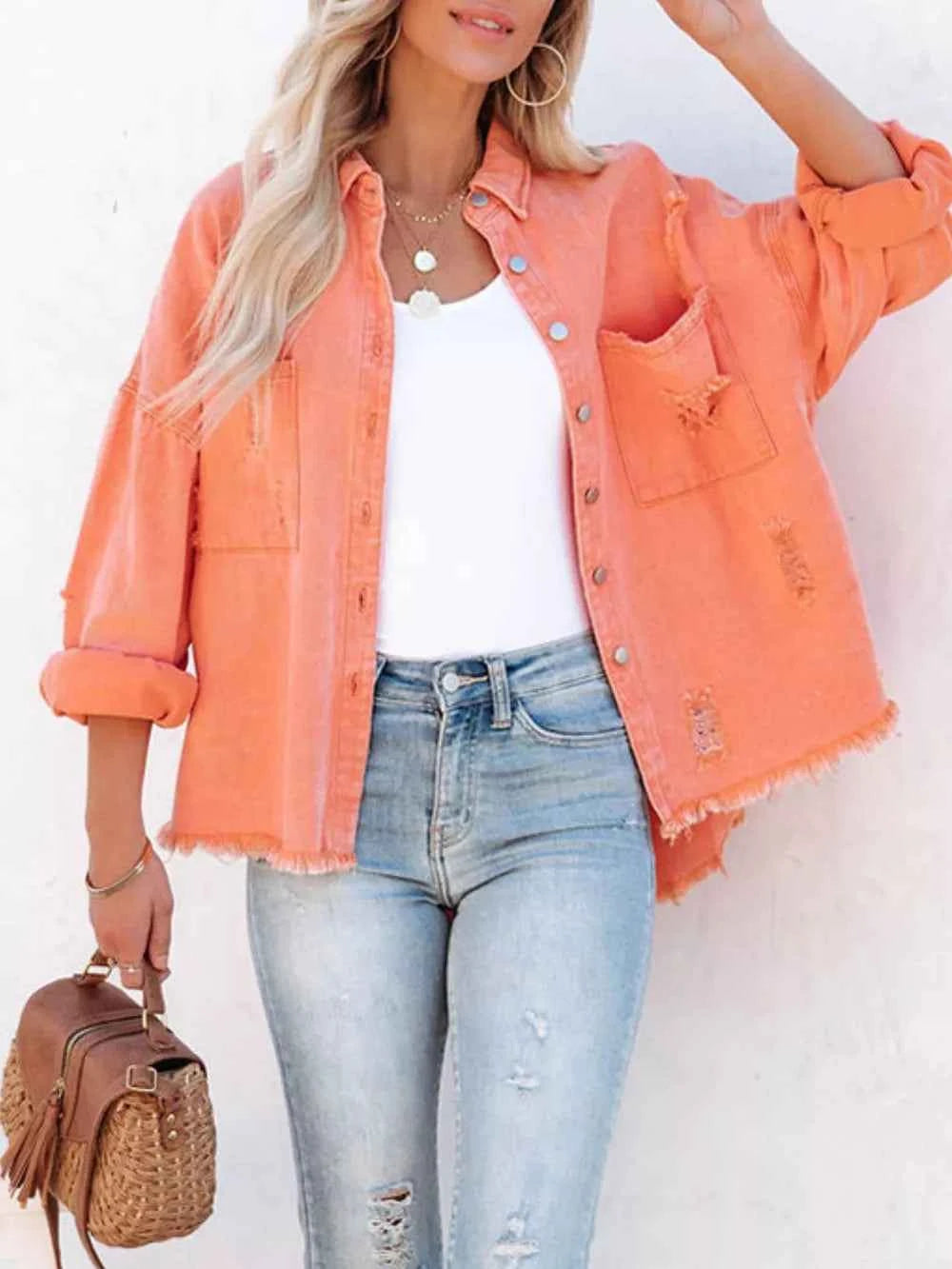 Raw Hem Button Up Denim Shacket