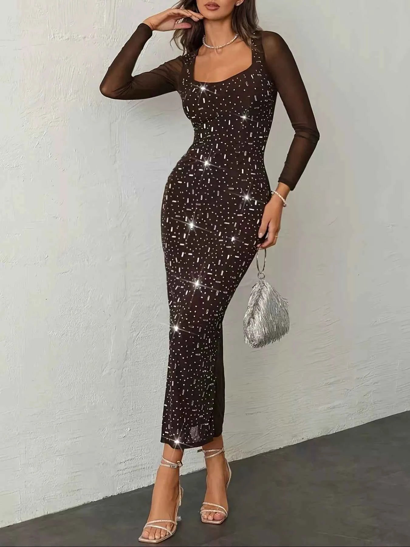 Rhinestone Embellished Mesh Long Sleeve Dress