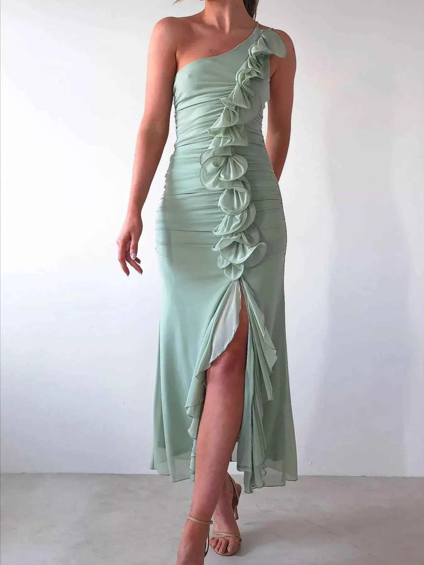 One-Shoulder Ruffle Slit Dress