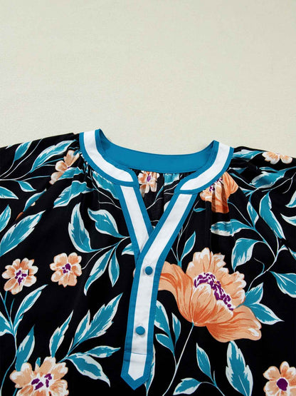Floral Short Bubble Sleeve Buttoned Notched Neck Blouse