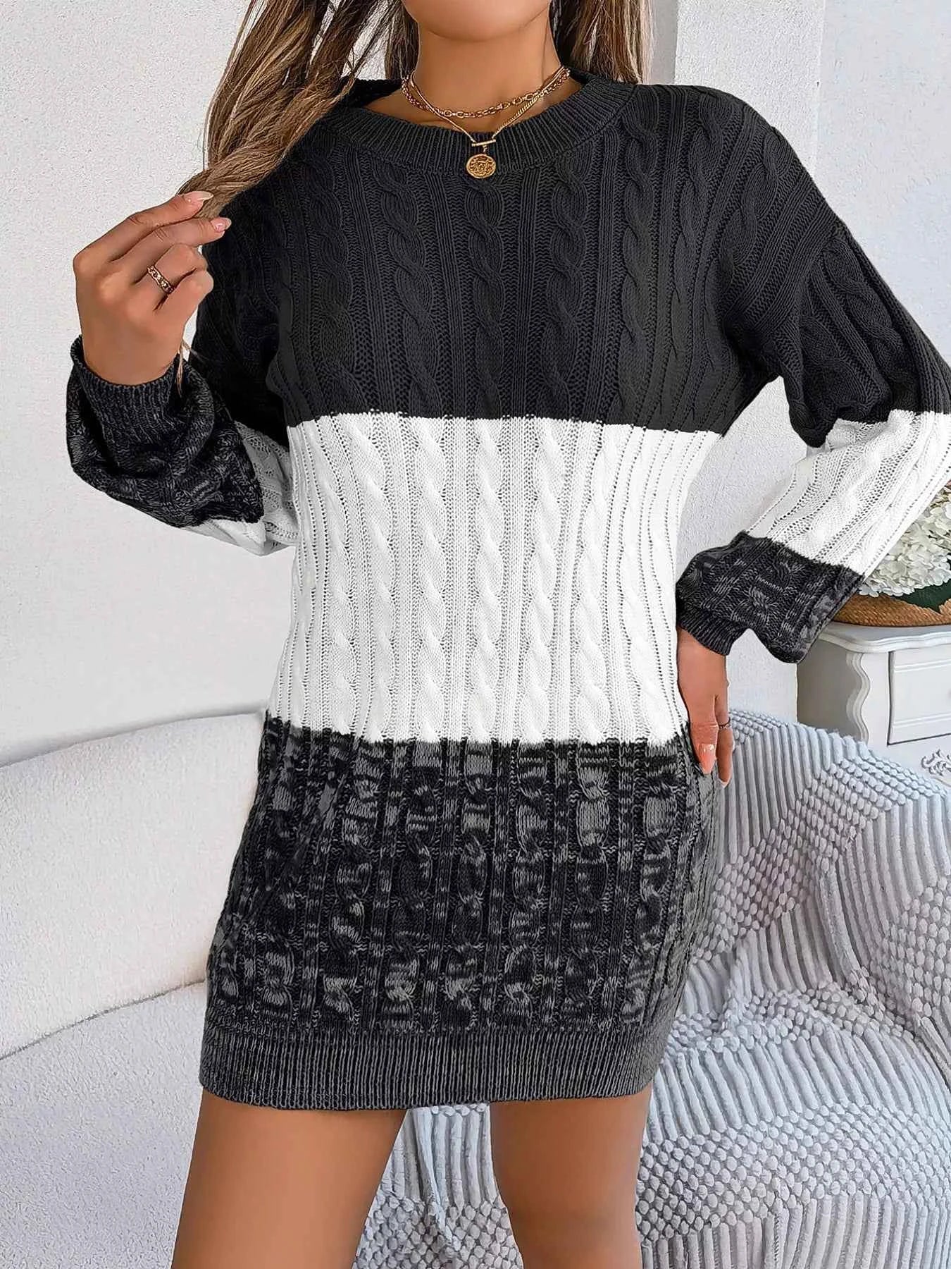 Color Block Cable Knit Sweater Dress with Textured Pattern