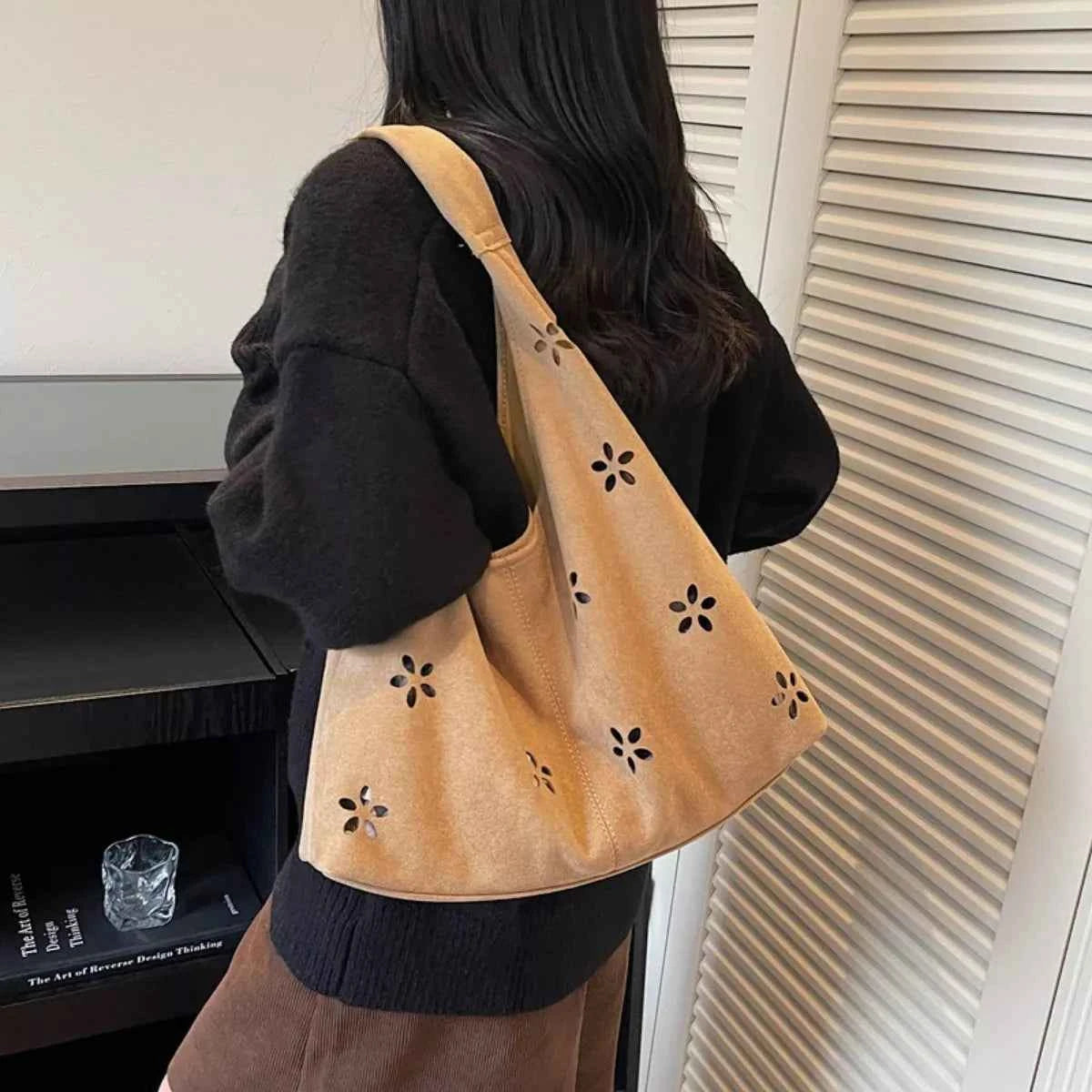 Floral Cutout Corduroy Shoulder Bag