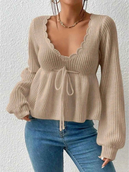 Scalloped V-Neck Drawstring Knit Top