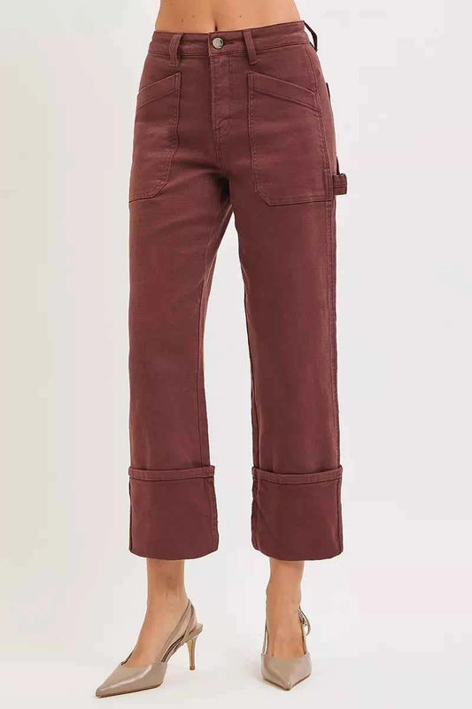 RISEN Full Size High Rise Wide Straight Cuffed Patch Jeans Plus Size