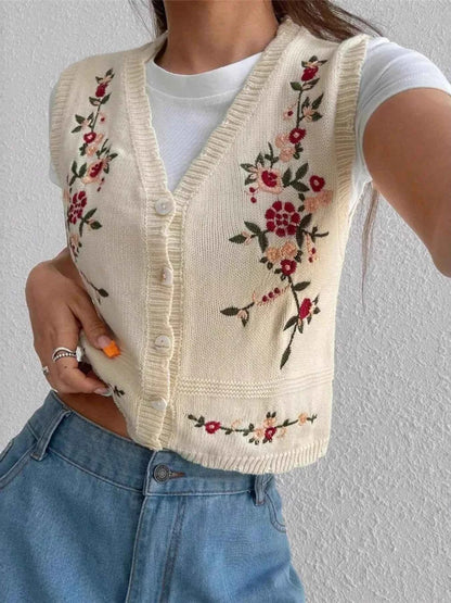 Embroidered Button Up Sweater Vest