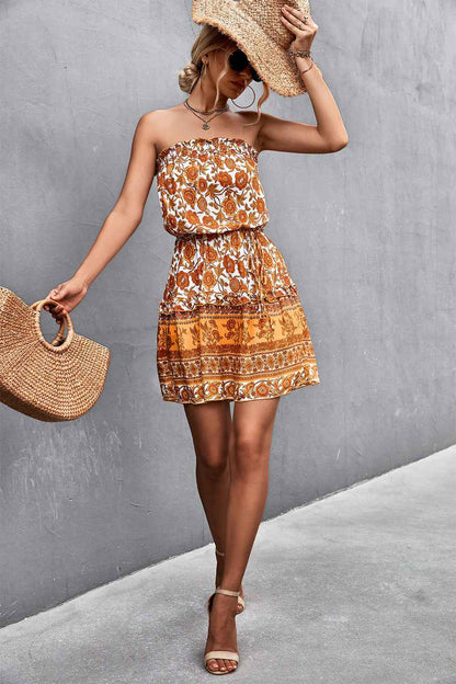 Bohemian Frill Trim Strapless Dress