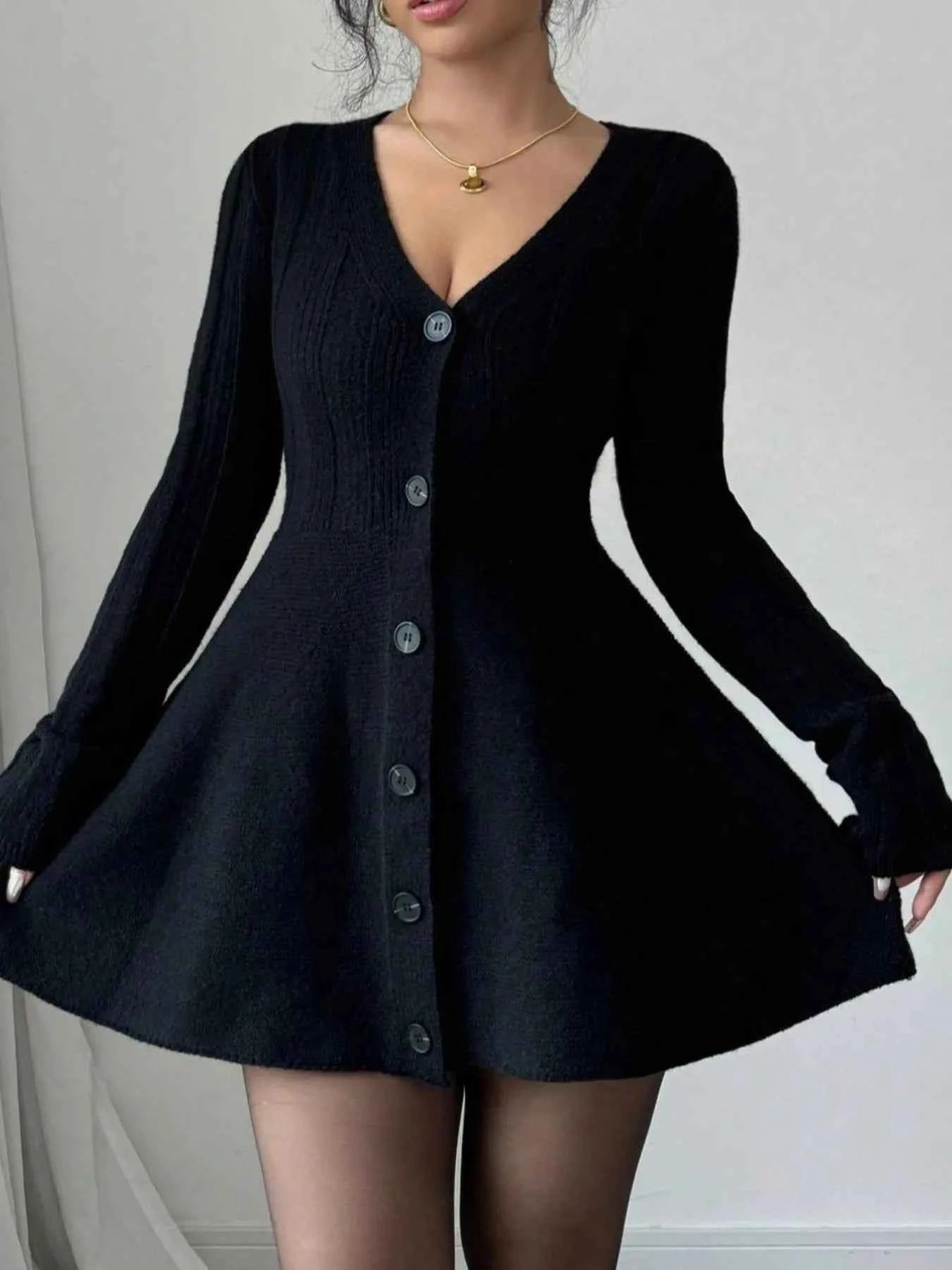 Button-Front V-Neck Knit Dress