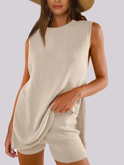 Side Slit Round Neck Tank and Ribbed Shorts Sweater Set