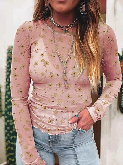 Floral Print Long Sleeve Mesh Blouse
