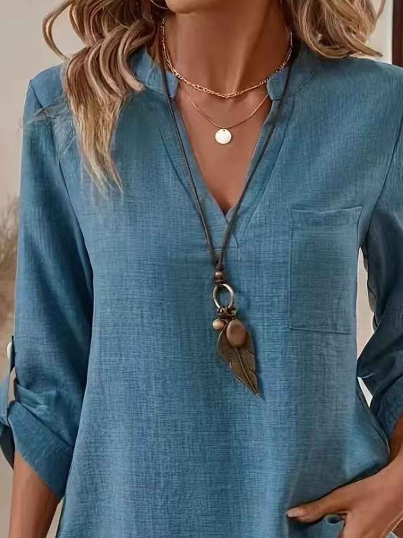 Notched Roll-Up Sleeve Blouse