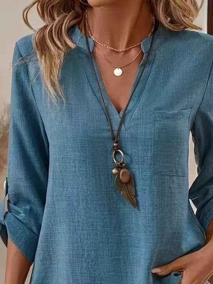 Notched Roll-Up Sleeve Blouse