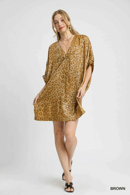 Umgee Metallic Leopard Print V-Neck Kimono Dress
