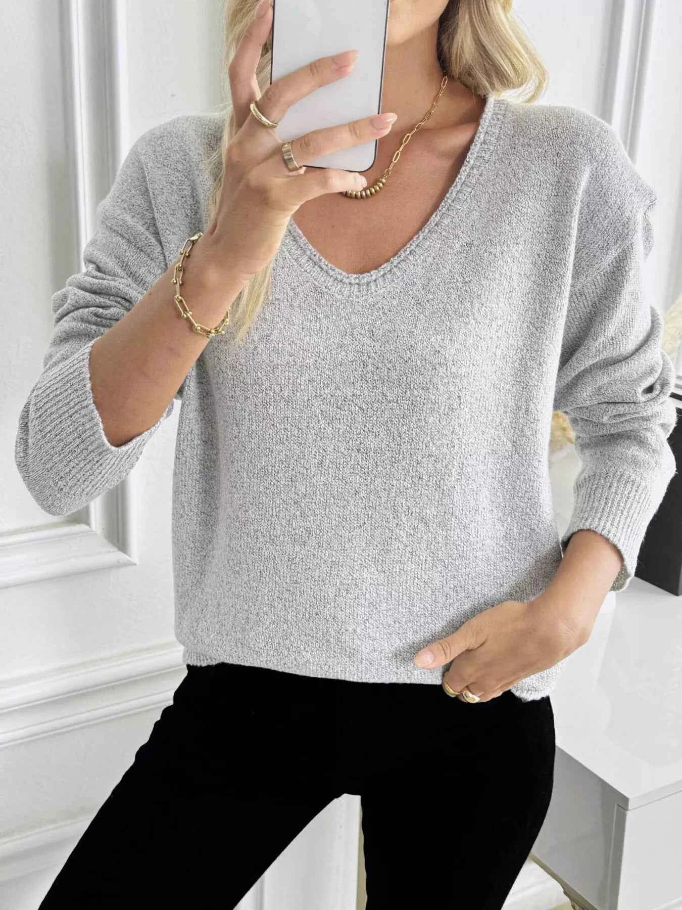 Casual V-Neck Drop Shoulder Sweater