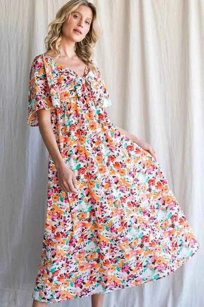 Lime 'N' Chili Floral Print Sweetheart Neck Tie Front Midi Dress