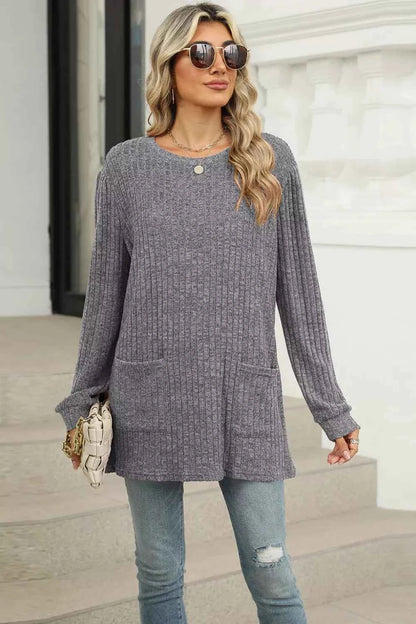 Long Sleeve Ribbed Knit Top with Front Pockets