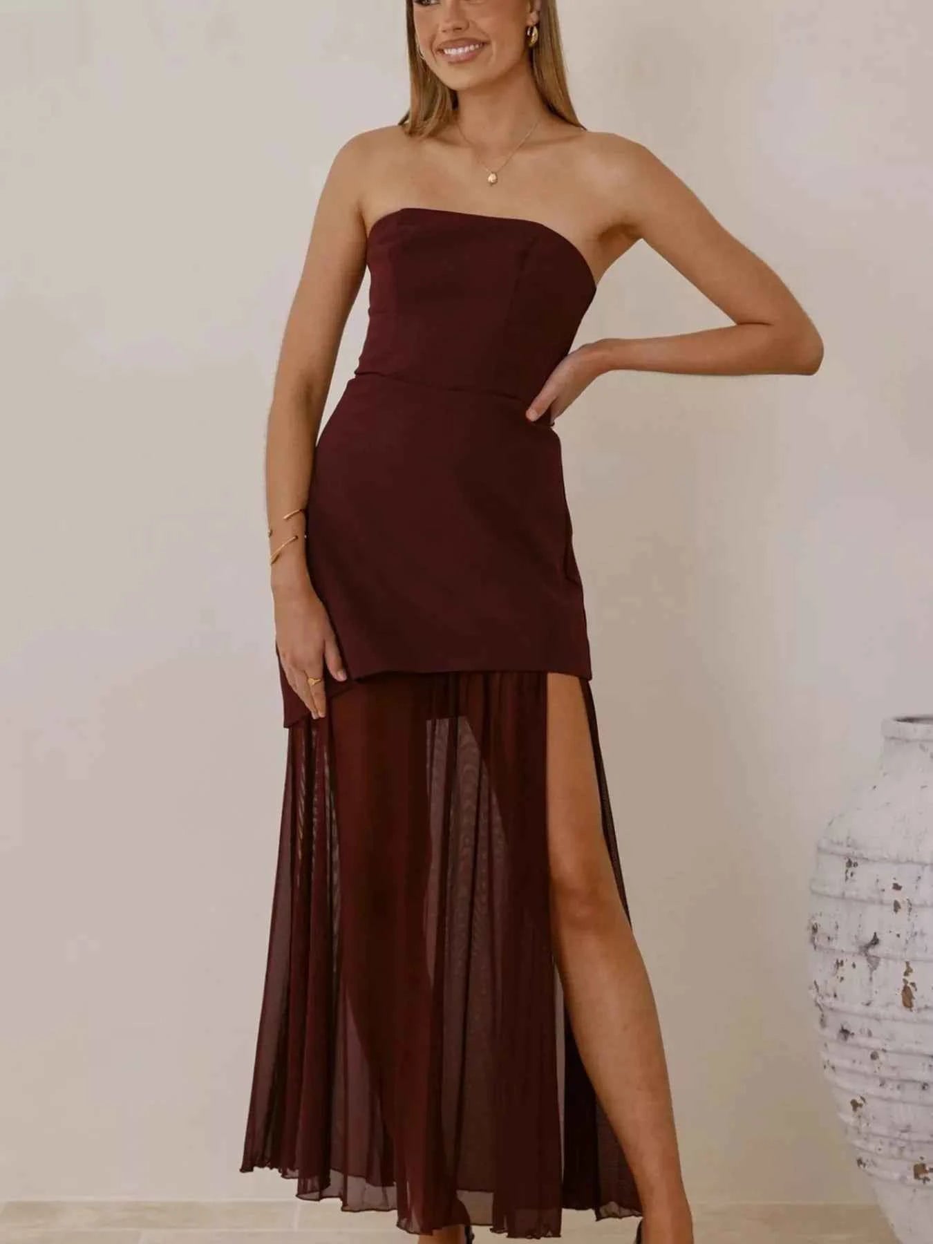 High Slit Mesh Tube Maxi Dress