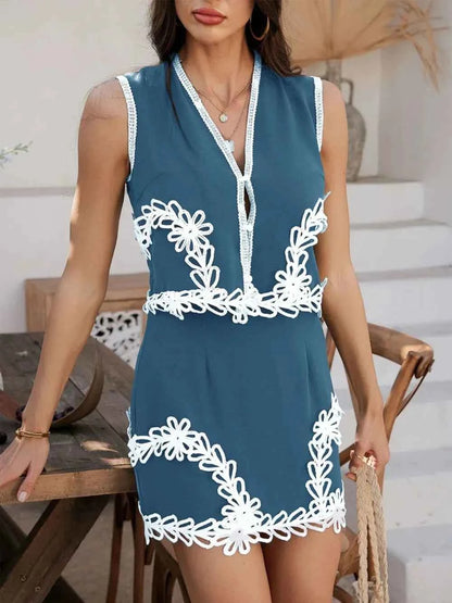 Devine Contrast Lace Vest and Skirt Set