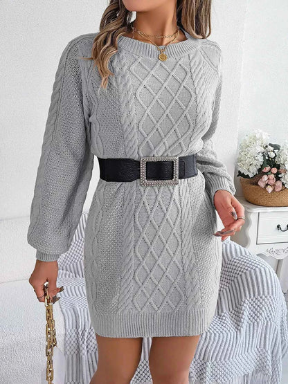 Diamond Cable Knit Sweater Dress with Long Sleeves