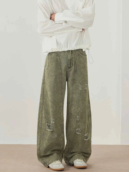 Men's Washed Wide Leg Distressed Pants