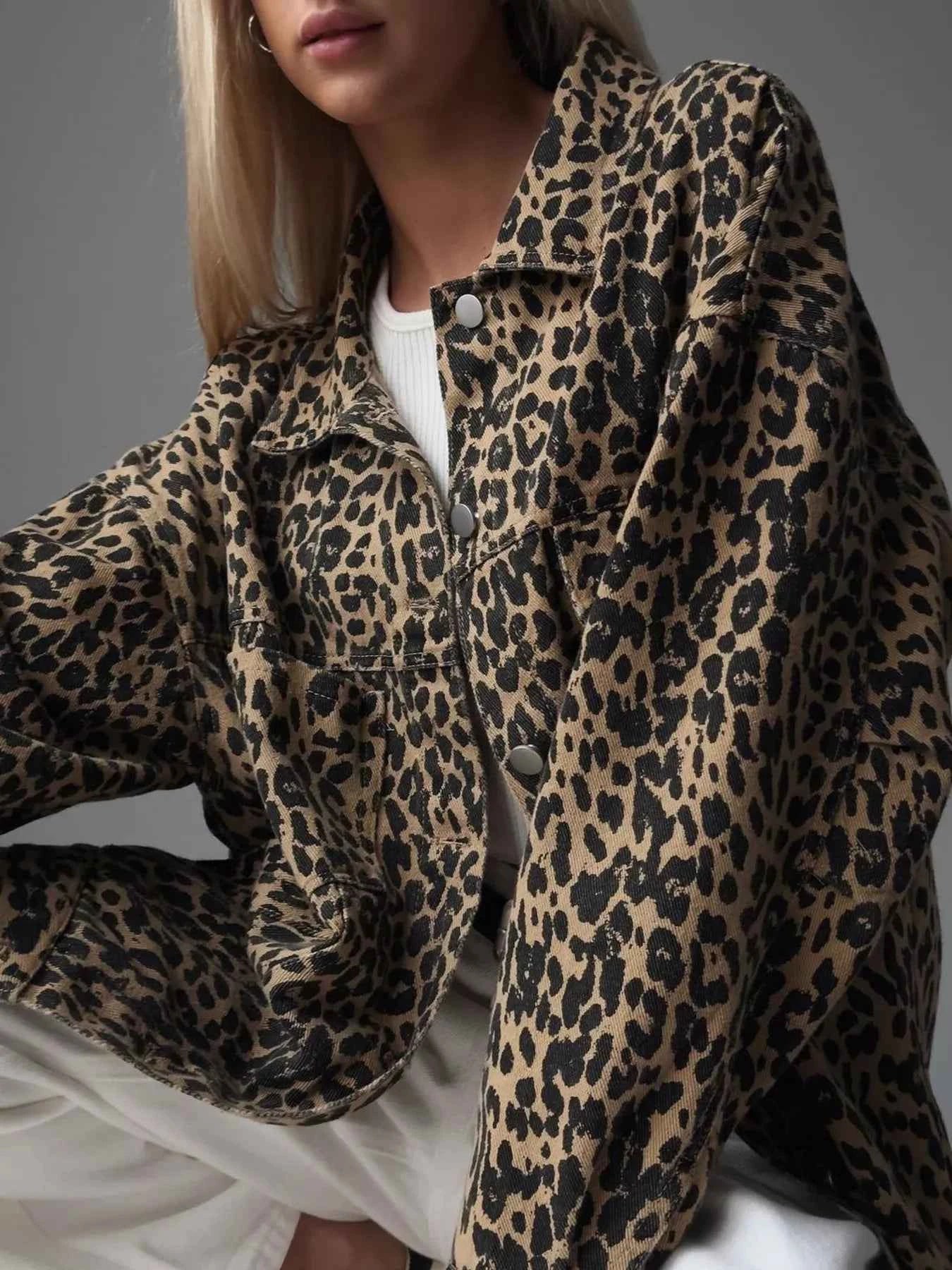 Leopard Button Up Long Sleeve Denim Jacket
