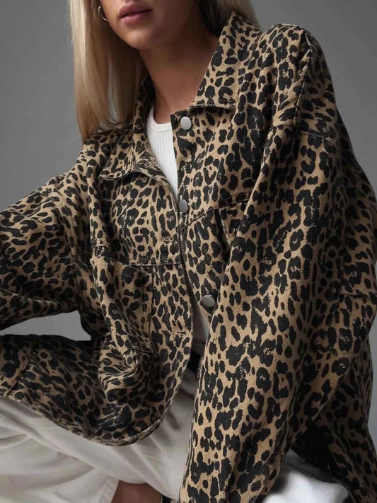 Leopard Button Up Long Sleeve Denim Jacket