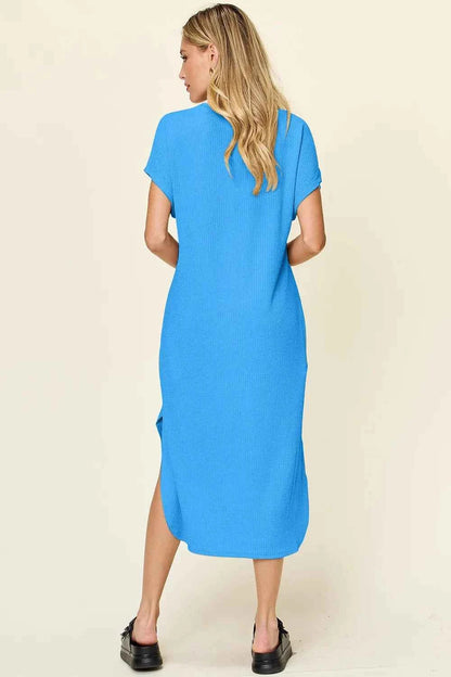 Double Take Full Size Round Neck Short Sleeve Slit Dress