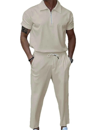 Men's Full Size Quarter Zip Short Sleeve Polo and Pants Set Plus Size