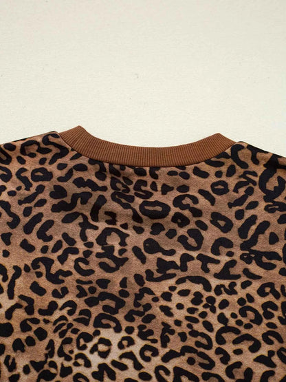 Leopard Print Contrast Trim Long Sleeve Top and Pants Set