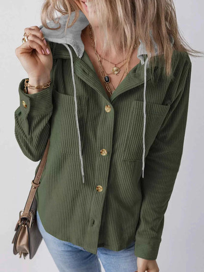Plus Size Casual Corduroy Button-Down Hooded Jacket