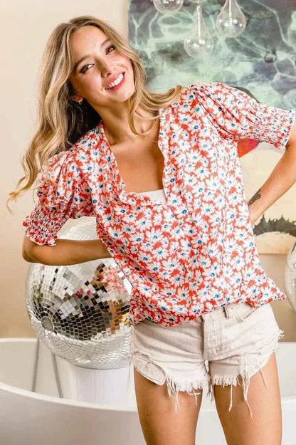 BiBi Floral Jqd Smoked Puff Sleeves V Neck Top