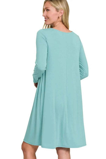 Zenana Long Sleeve Flare Dress With Pockets