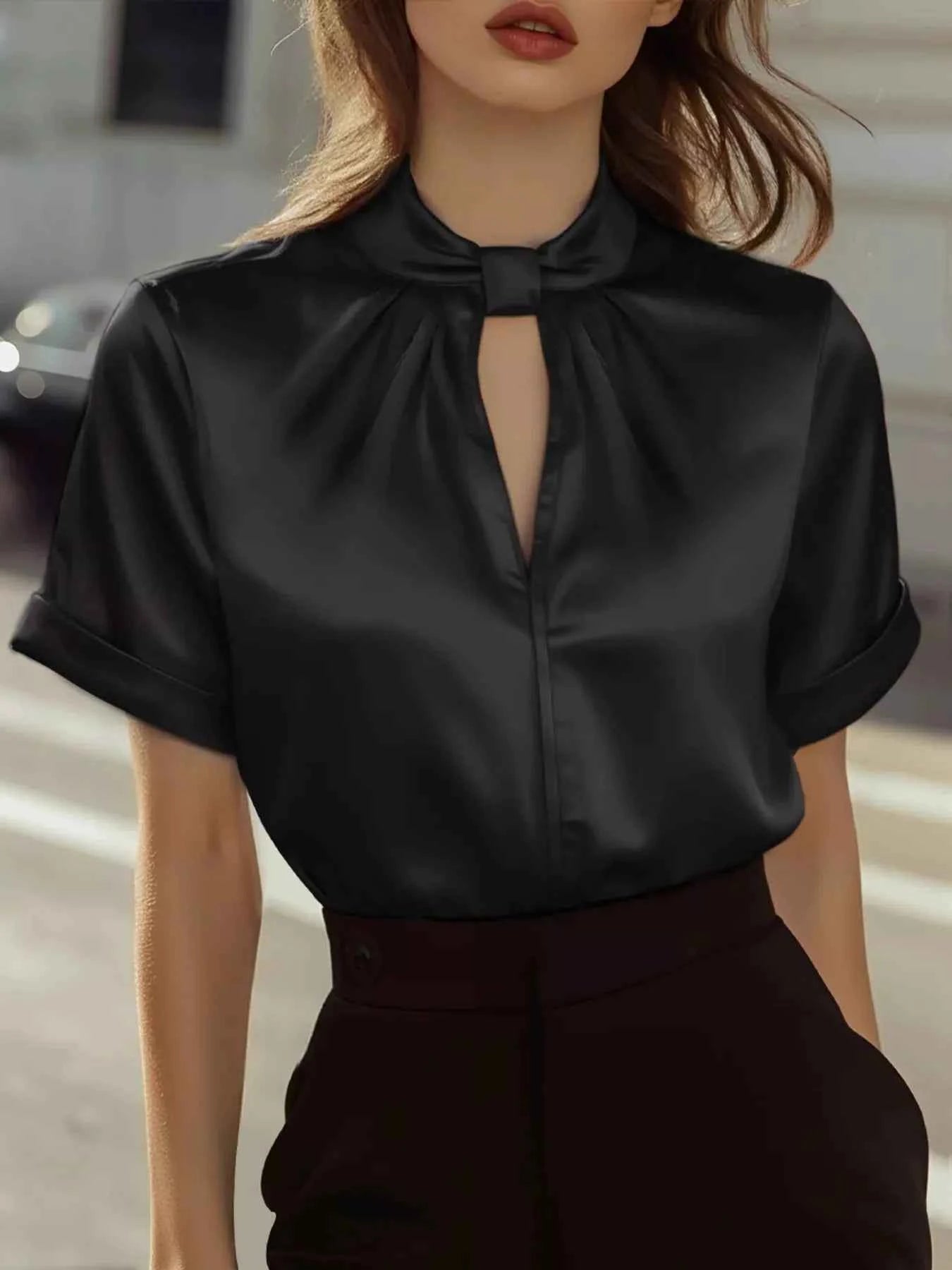 Keyhole Neck Satin Short Sleeve Blouse