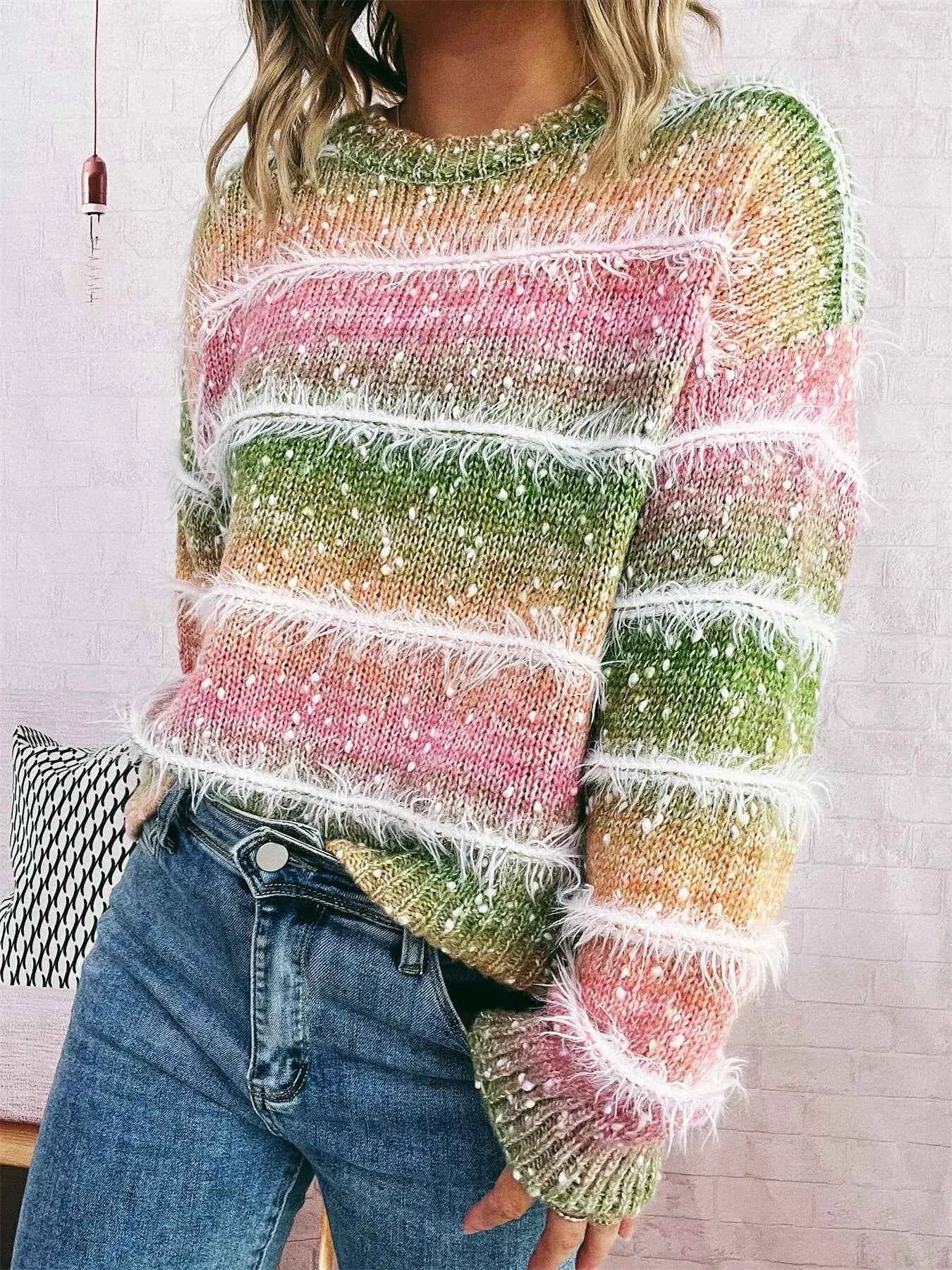 Gradient Striped Round Neck Sweater