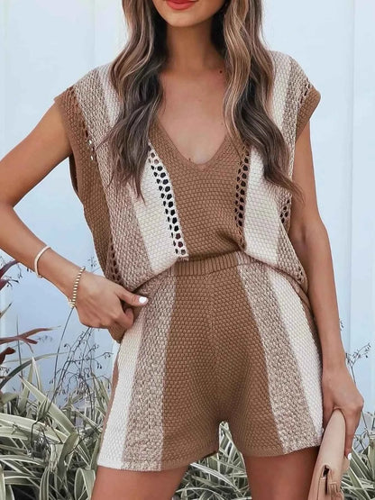 Openwork Color Block V-Neck Top and Shorts Sweater Set