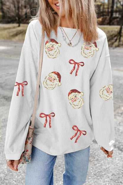 Full Size Corded Rib Sequin Santa Bow Patched Drop Shoulder Sweatshirt Plus Size