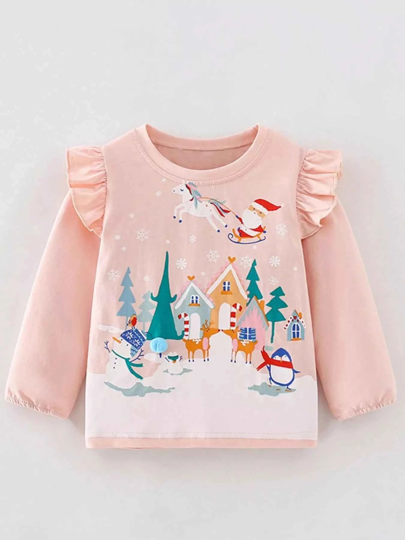 Children's Christmas Print Ruffle Long Sleeve T-Shirt