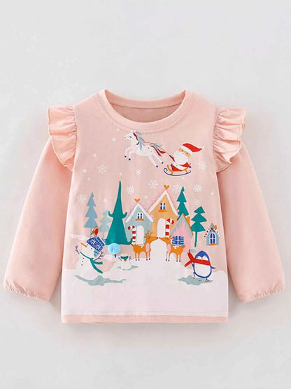 Children's Christmas Print Ruffle Long Sleeve T-Shirt