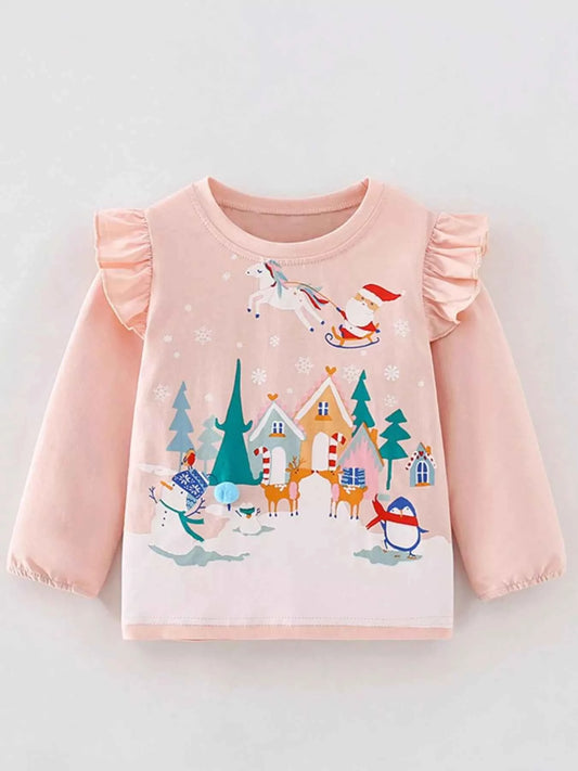 Children's Christmas Print Ruffle Long Sleeve T-Shirt