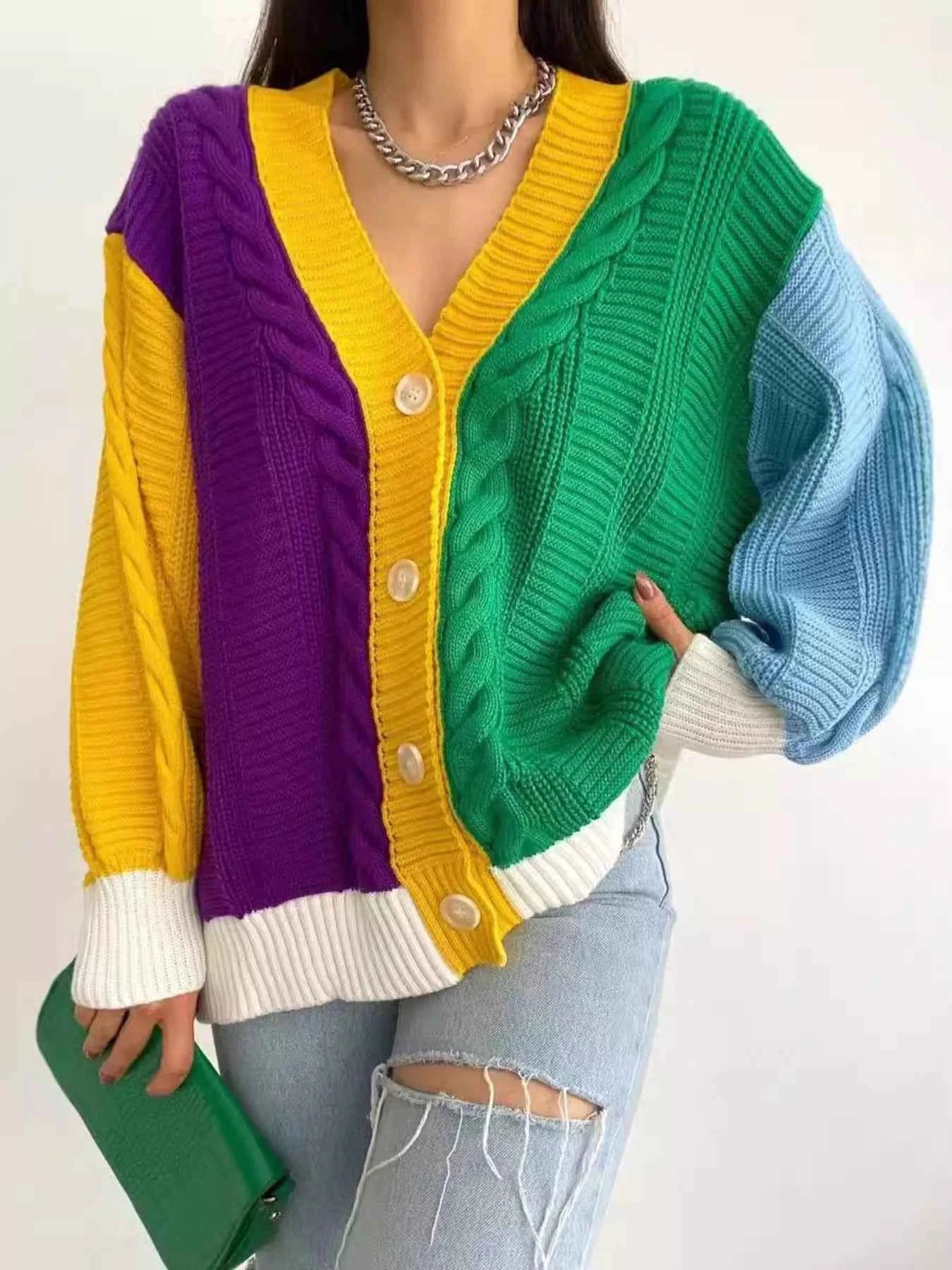 Color Block Button Down Cable-Knit Cardigan