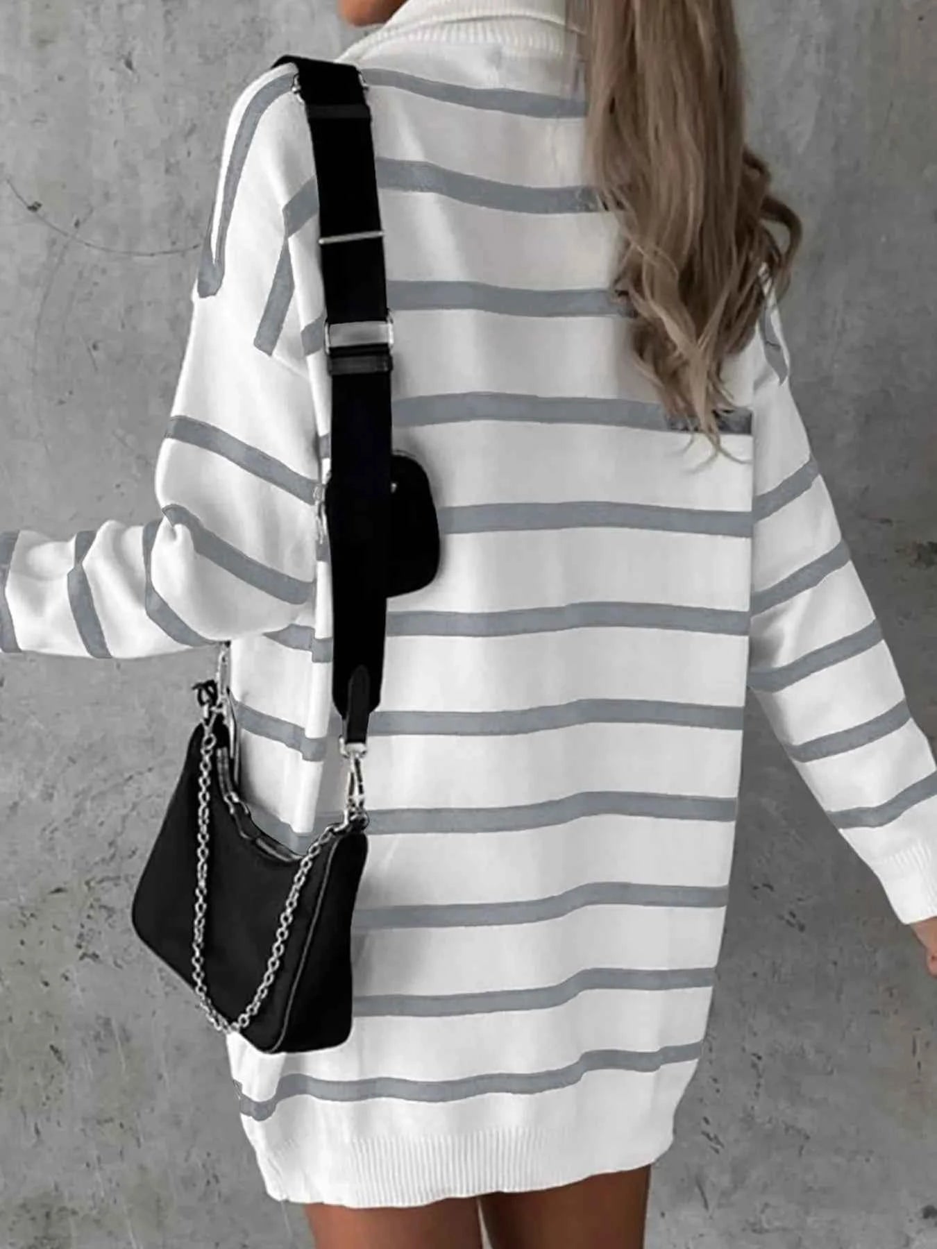 Striped O-ring Zip Collared Loose Sweater Mini Dress