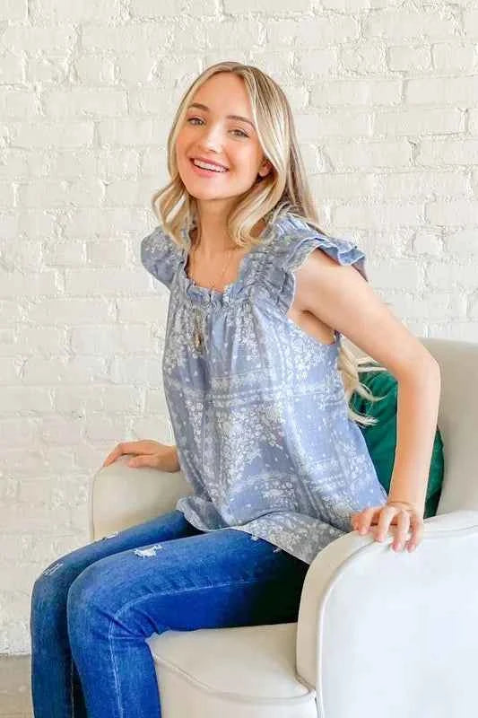And The Why Boho Print Ruffle Baby Doll Tank Top
