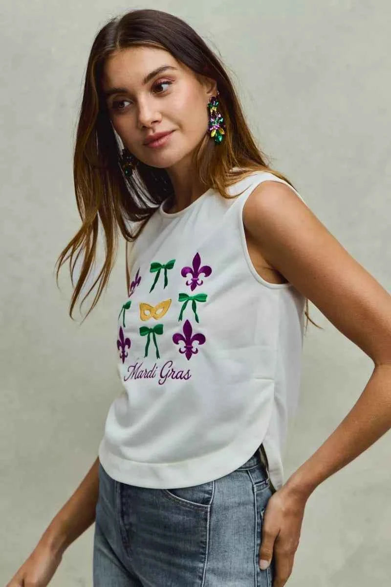 SO ME Mardi Gras Fleur De Lis And Ribbon Embroidered Top
