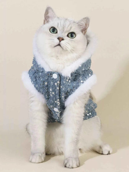 Sequin Pet Coat with Fur Trim