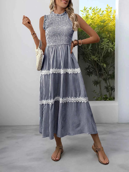 Smocked Striped Lace Trim Sleeveless Midi Dress