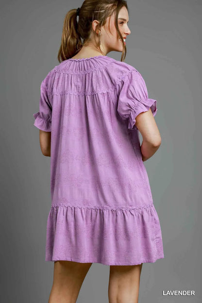 Umgee Heart Pattern Short Sleeve Ruffle Babydoll Dress