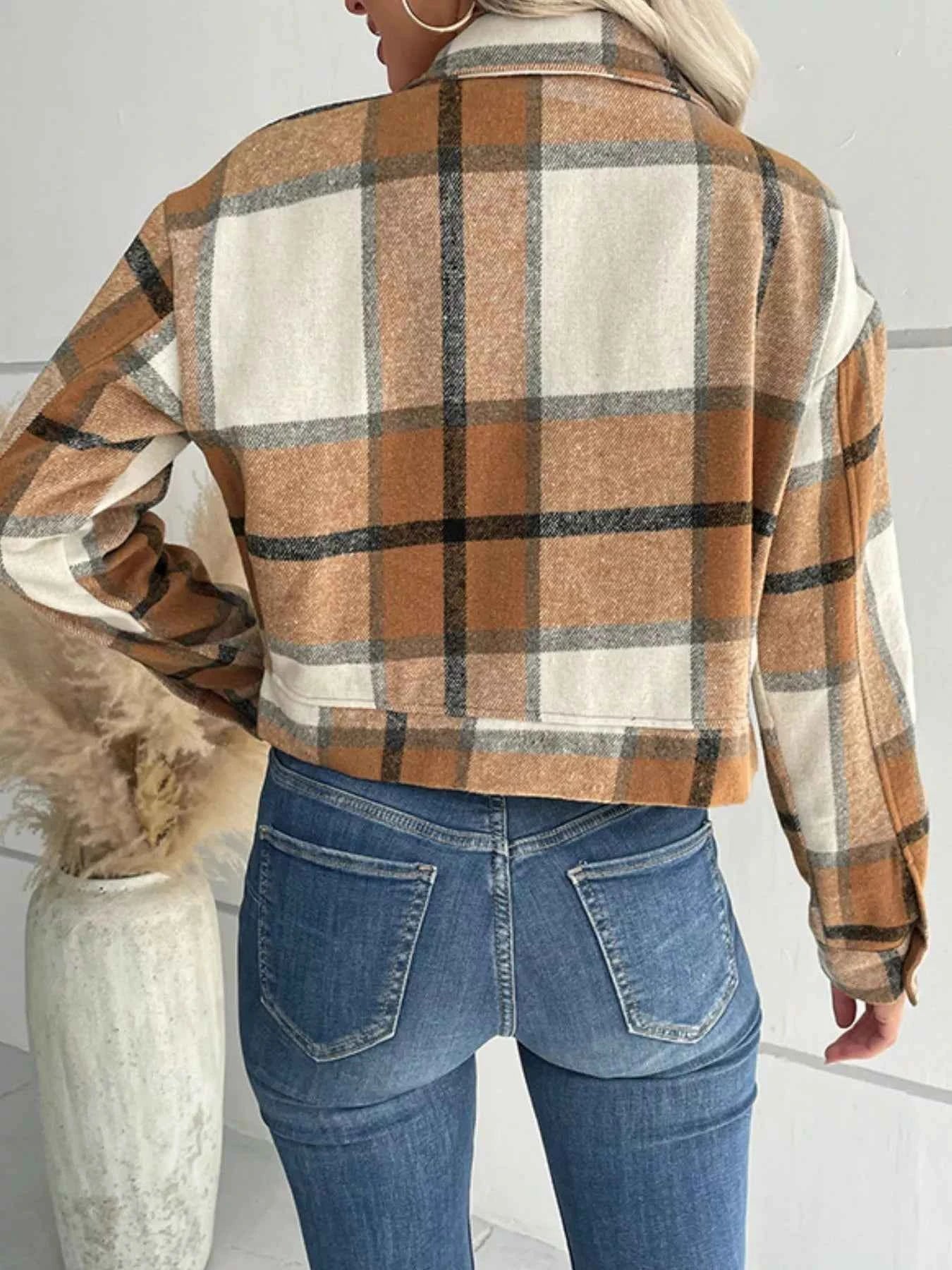 Plaid Button-Down Crop Jacket